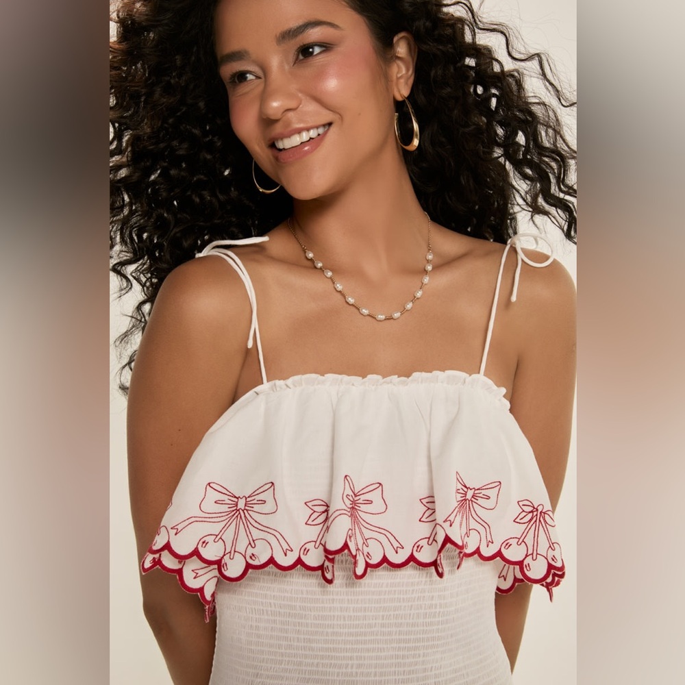 L Francesca's White Tie-Shoulder Smocked Top w Cherries